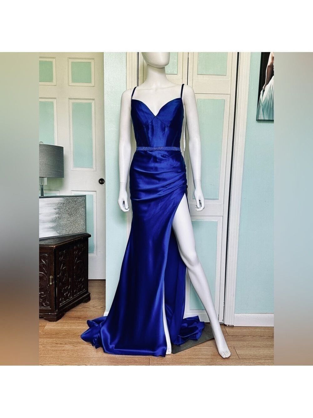 Size 8 Ellie Wilde EW122045 Royal Blue Satin High Slit Prom Gown Pageant Dress